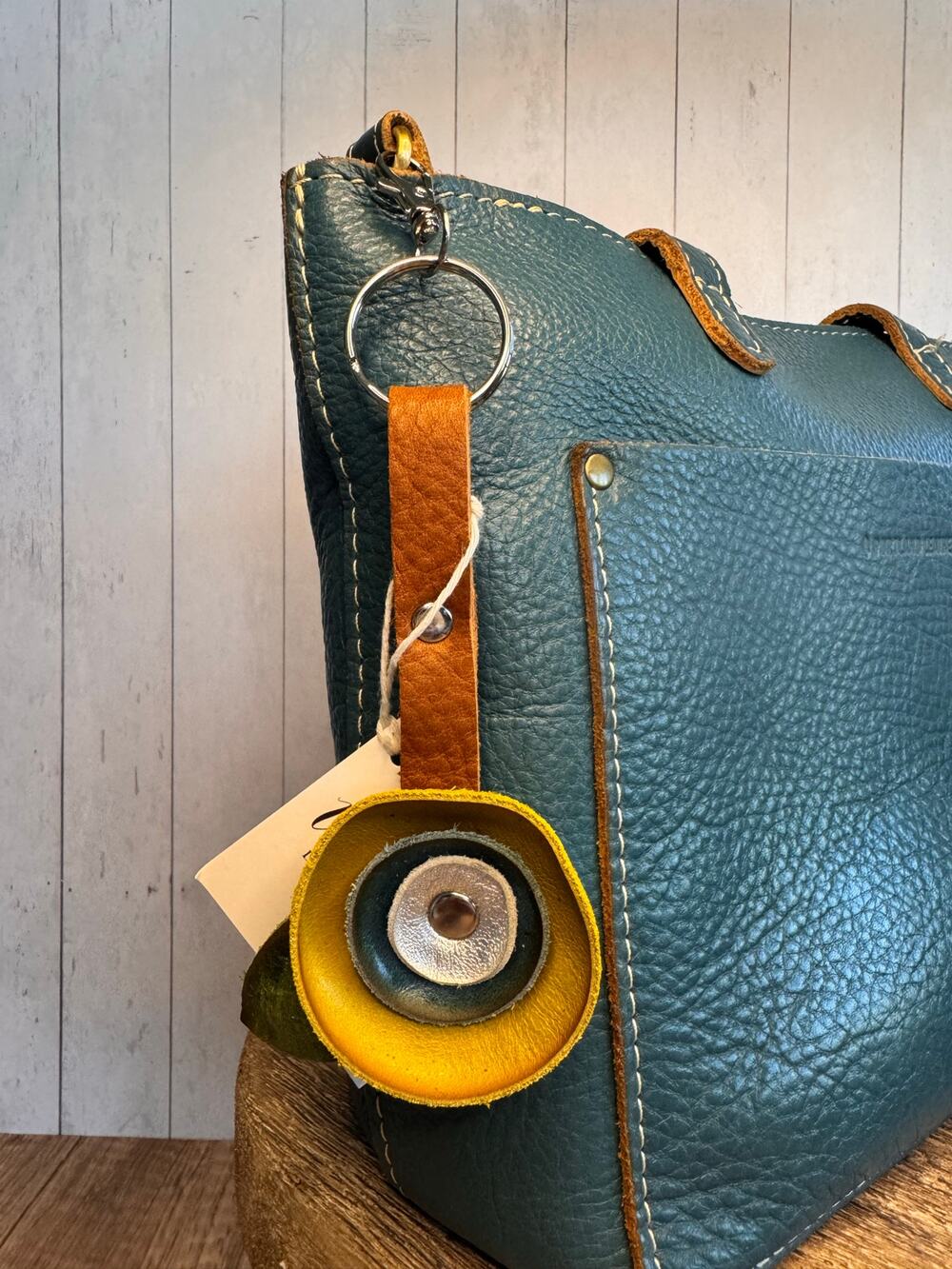Genuine Leather Purse Charm Green Blue Silver Bag Charm Keychain Accessory